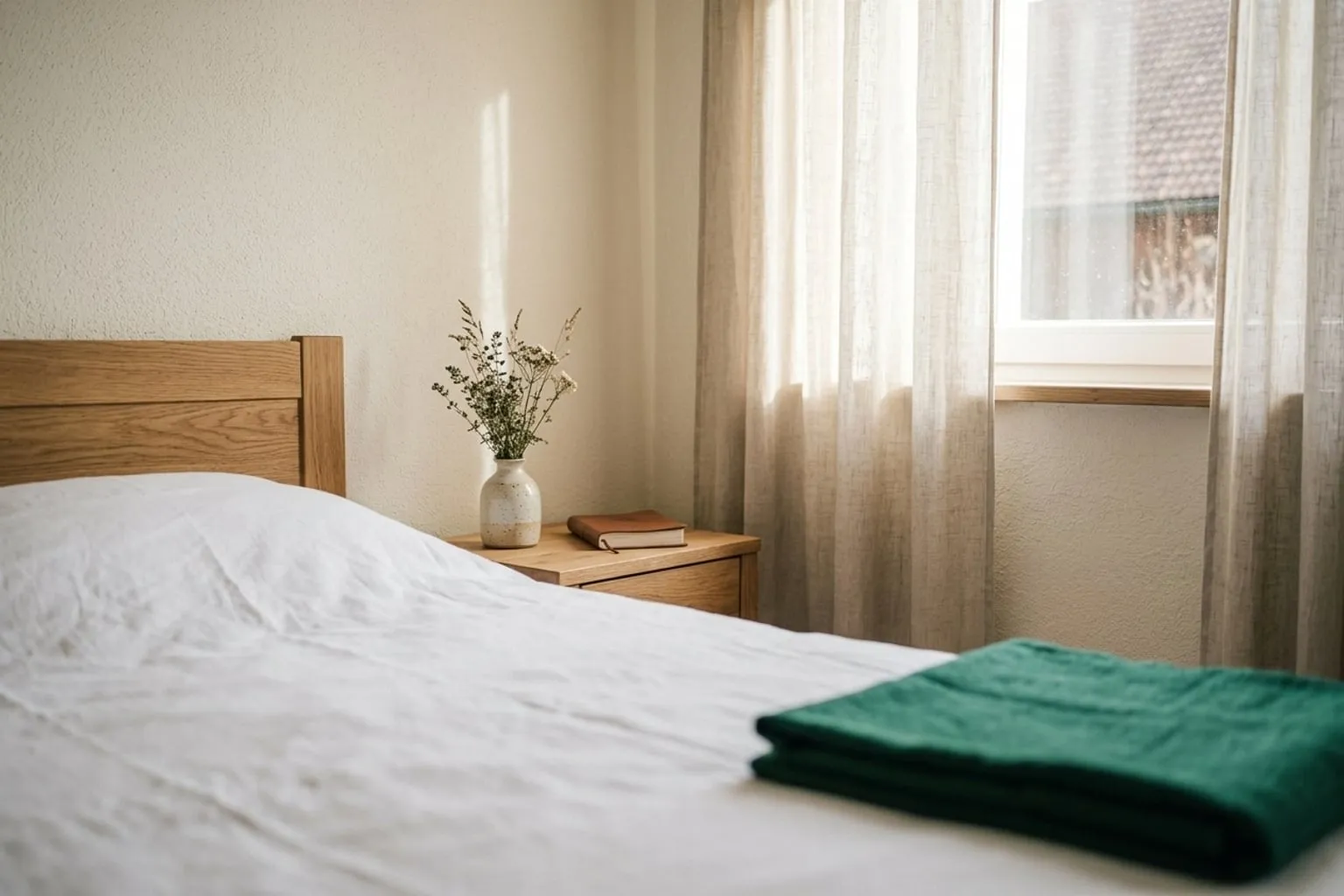 Helles Schlafzimmer einer Ferienwohnung mit weißer Bettwäsche und grüner Wolldecke im Morgenlicht