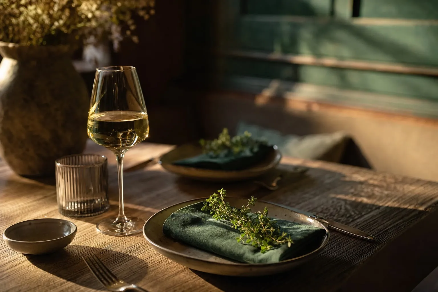 Elegant gedeckter Holztisch mit Weinglas und grüner Leinenserviette im warmen Abendlicht