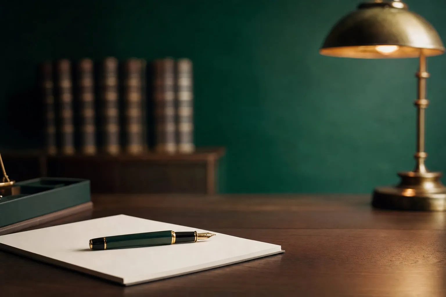 Schreibtisch einer Kanzlei mit Füllfederhalter, Messinglampe und Bücherregal vor grüner Wand